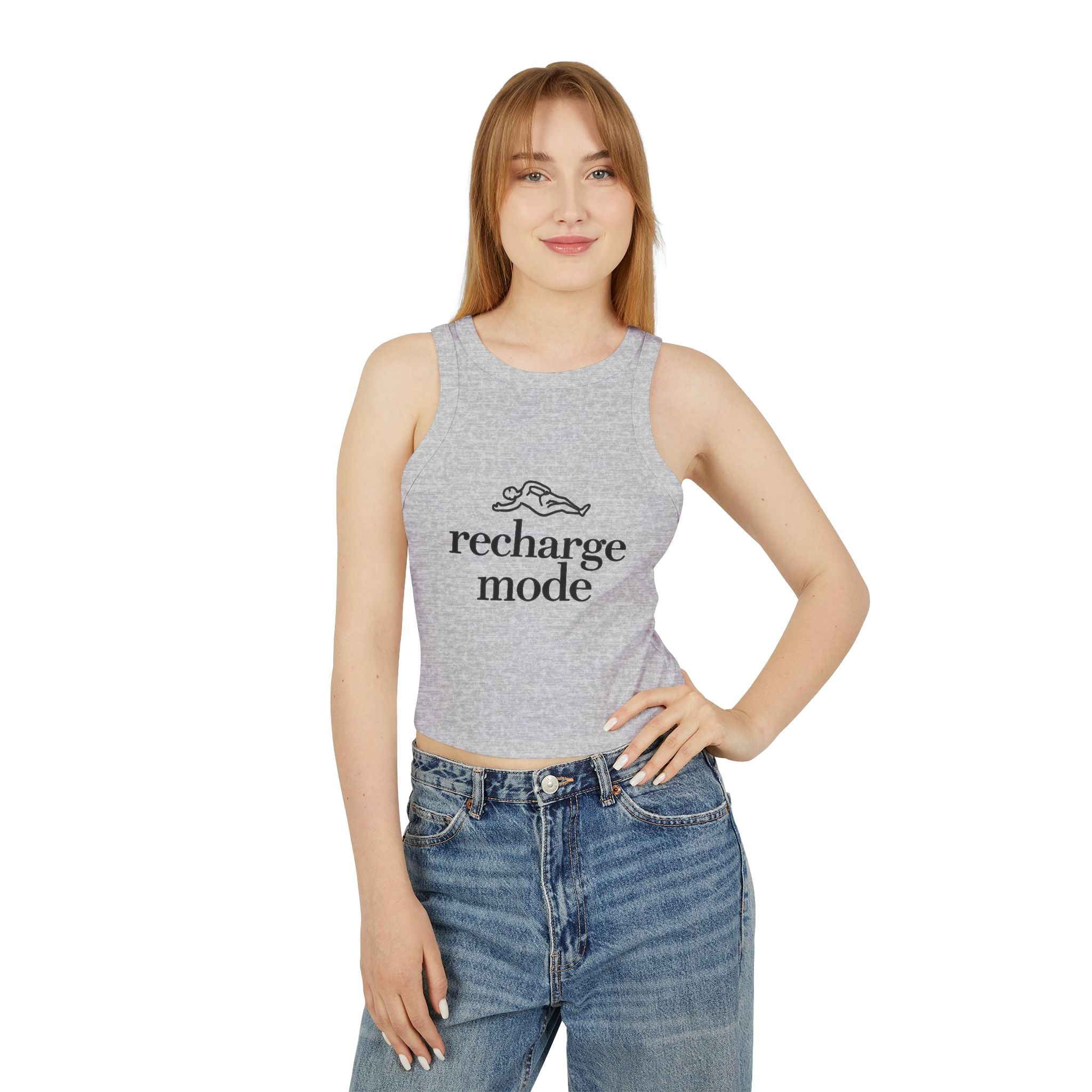 Recharge Mode Racer Tank Top - Women's Relaxed Ribbed Crop Tank with 'recharge mode' Graphic