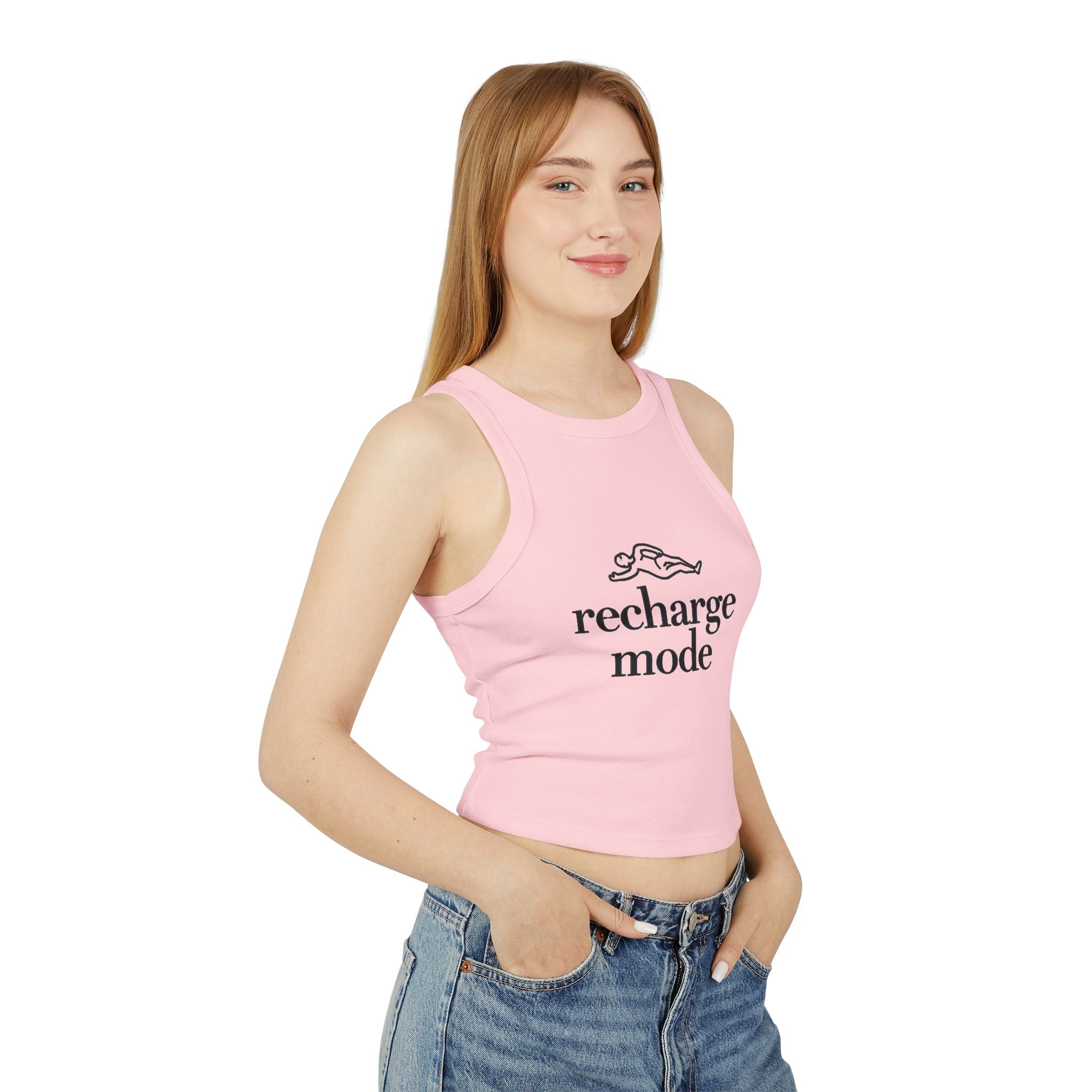 Recharge Mode Racer Tank Top - Women's Relaxed Ribbed Crop Tank with 'recharge mode' Graphic
